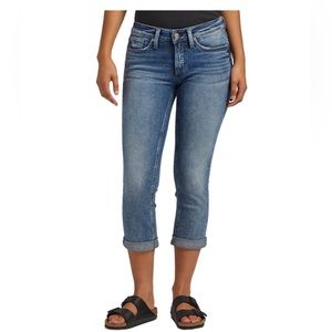 Silver capri jeans, low rise detail, size W28